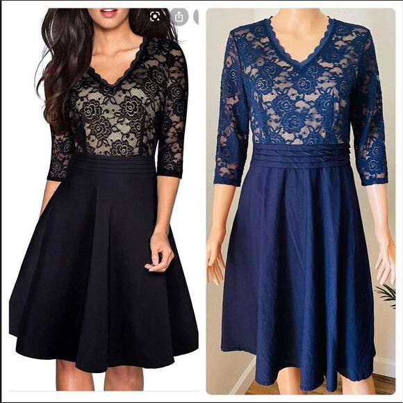 HOMEYEE Navy Lace V-Neck Dress Size 8 - Picture 1 of 10